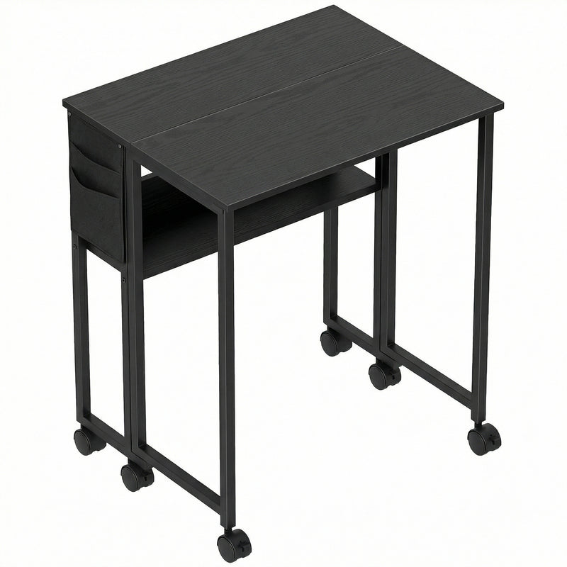 Folding Computer Desk with Wheels and Storage Shelf for Small Spaces Black AOSOM