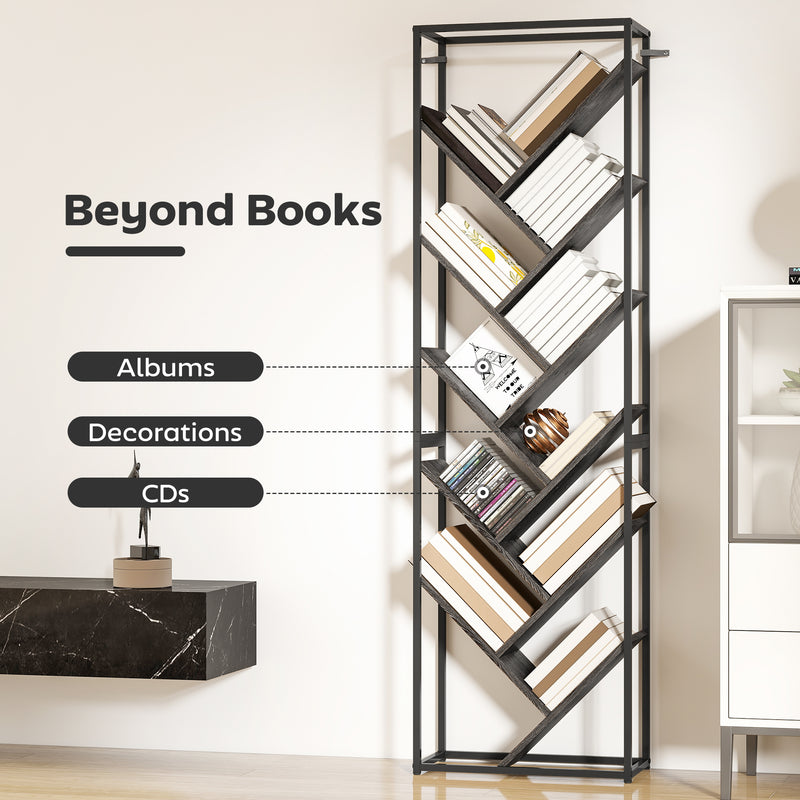 Modern Bookcase For Home Office Organisation - 10 Tiers - Black Metal Frame With Angled Grey Shelves Homcom