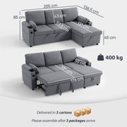 Corner Sofa Bed with Storage and USB Charging for Flexible Guest Sleeping Grey AOSOM