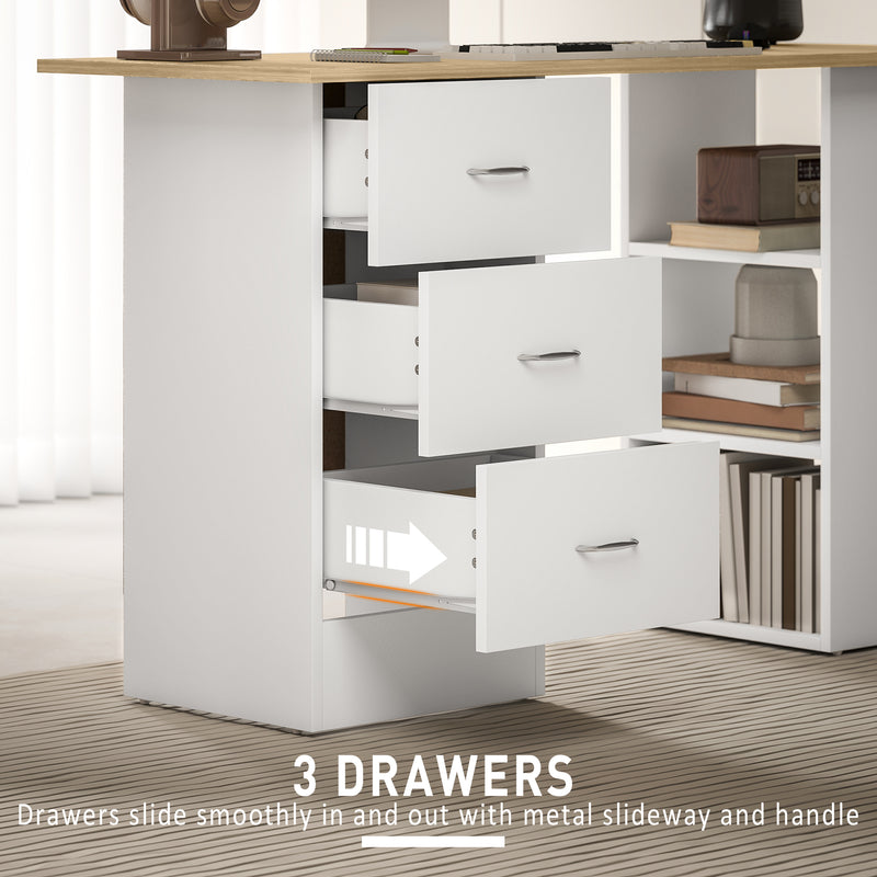 Computer Desk with 3 Storage Shelves and Drawers for Home Office Organisation, Natural Wood White