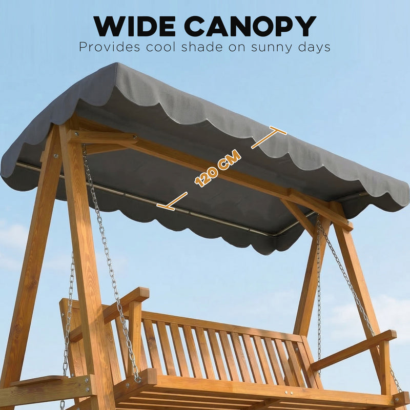 3 Seater Wooden Garden Swing Seat with Canopy for Outdoor Relaxing Pine Wood Frame Dark Grey Outsunny