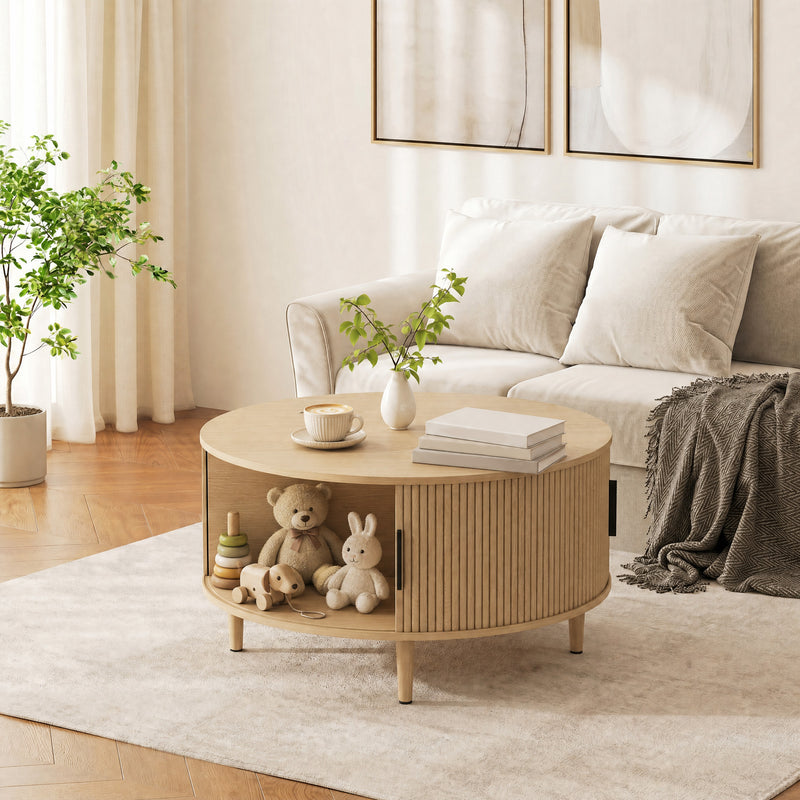 Round Coffee Table With Hidden Storage for Safer Clutter-Free Living Room Natural Wood