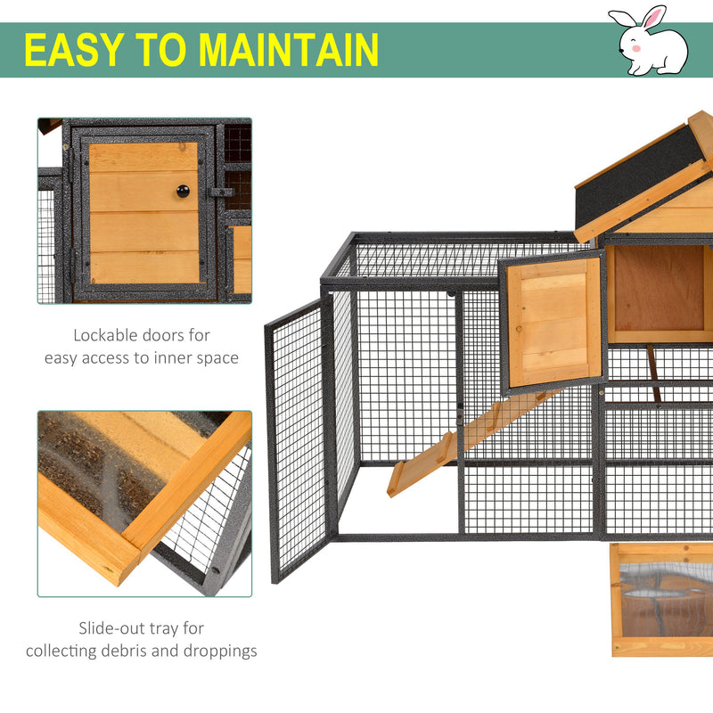 Elevated Wooden Rabbit Hutch with Metal Frame and Slide Out Tray for Outdoor Use, Grey