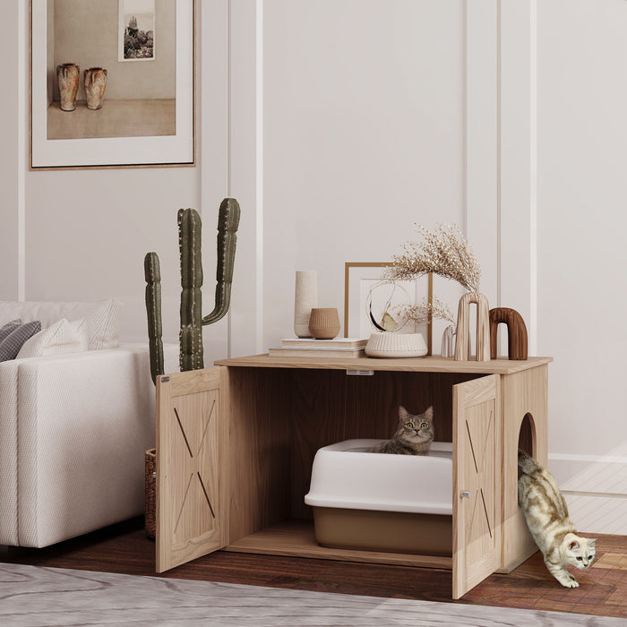 Walnut Brown Cat Litter Box Enclosure with Double Doors and Side Entrance by PawHut