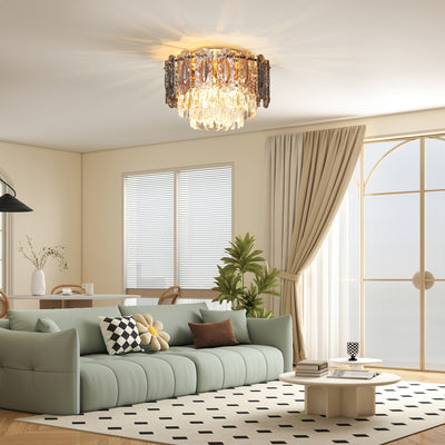 3 Light Vintage Ceiling Chandelier Flush Mount With Crystal Glass Shades For Living Room Gold