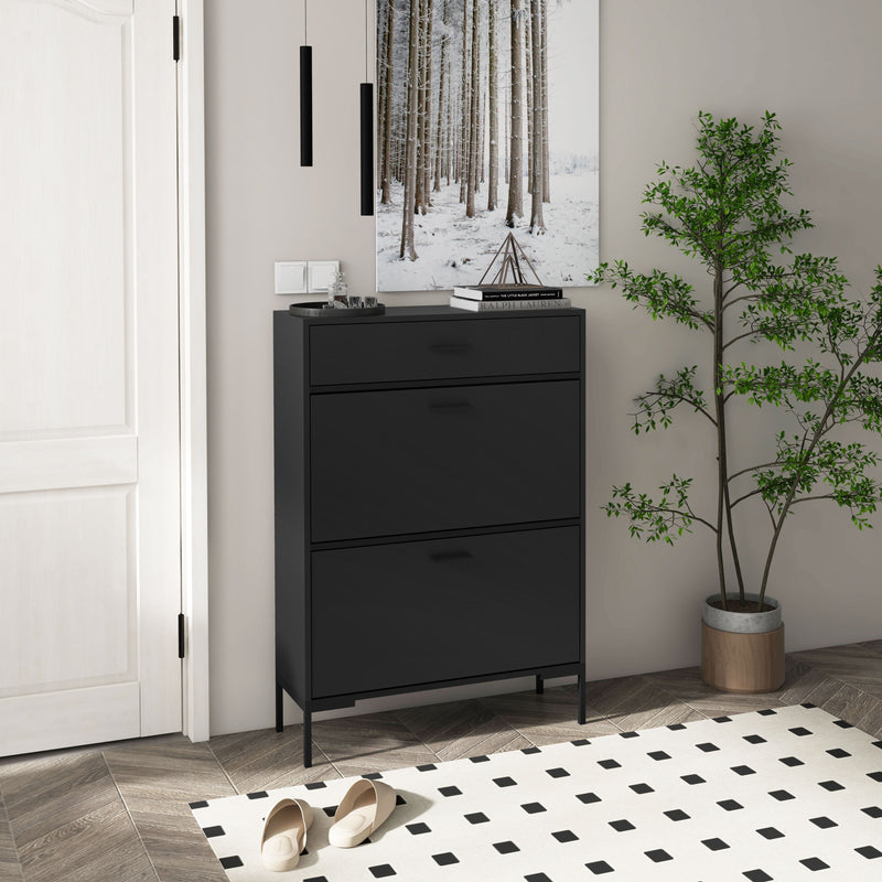 Slim Shoe Storage Cabinet for 12 Pairs with Three Drawers Ideal for Hallways Black