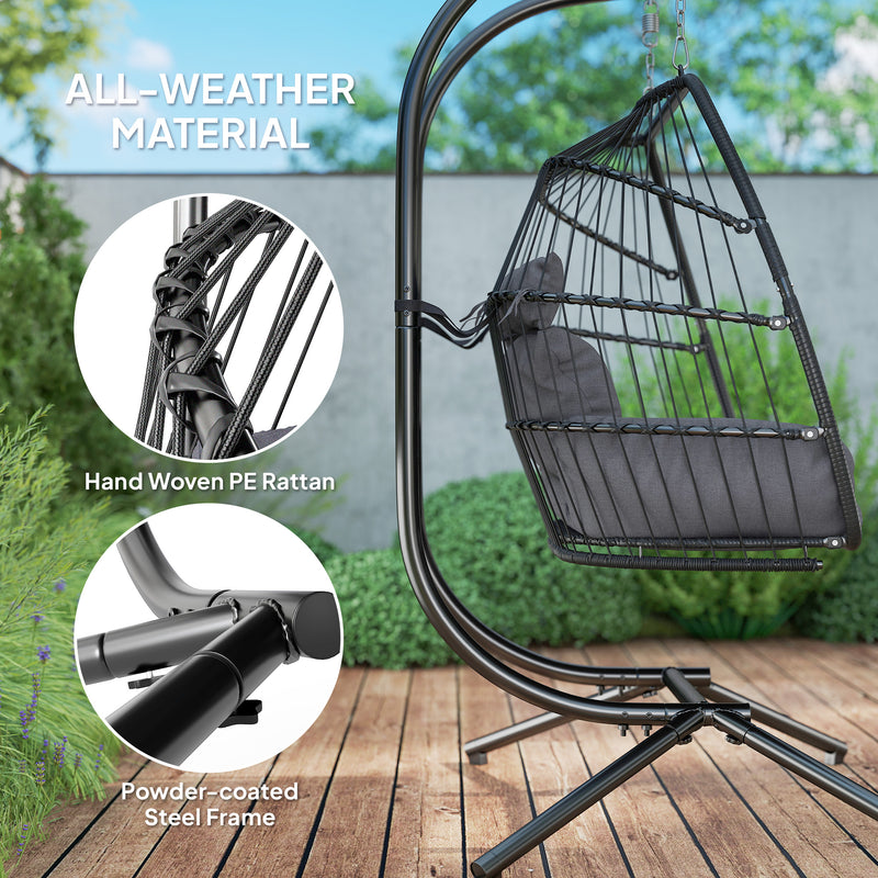 Dark Grey Rattan Double Hanging Egg Chair With Cushions And Stand For Garden by Outsunny