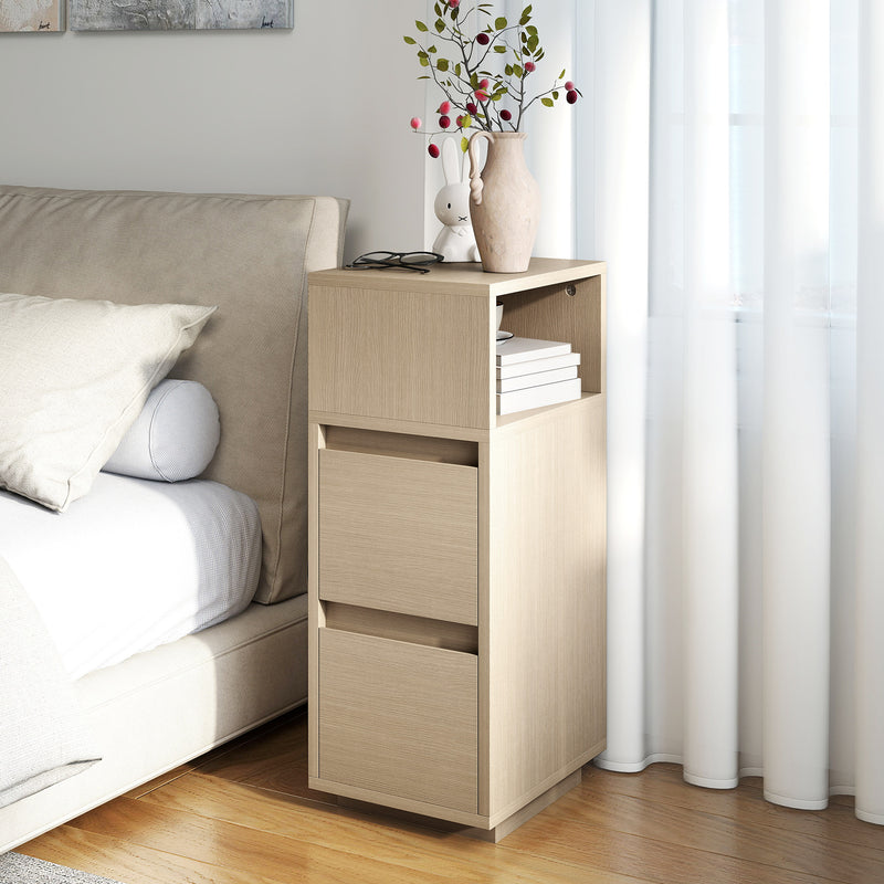 Slim Bedside Table With Open Shelf and Two Drawers for Bedroom Storage Natural Wood Finish