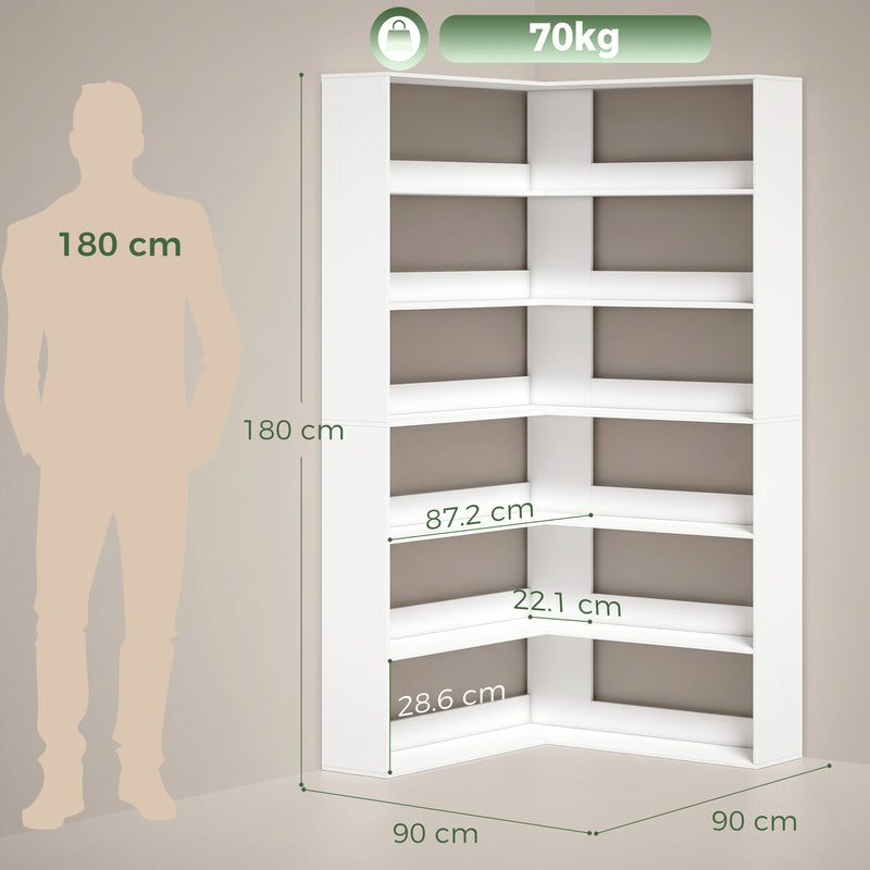 Corner Bookcase with 7 Open Shelves for Small Room Storage White Wood Effect