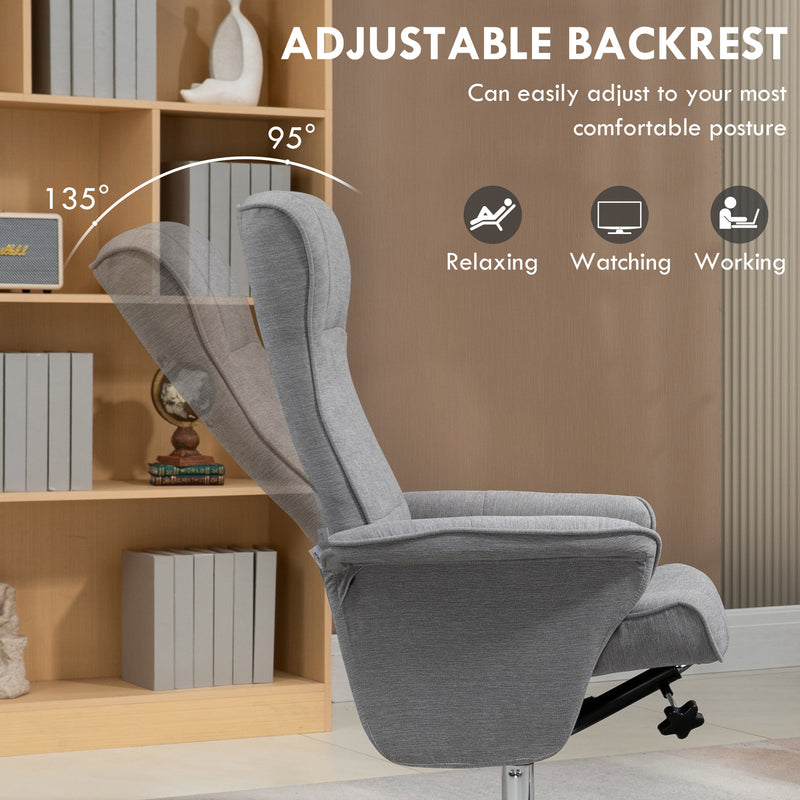 Grey Velvet Swivel Recliner Armchair With Footstool For Living Room Or Office Use