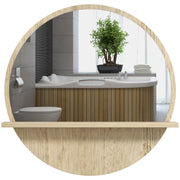 Round Wall Mirror with Built In Shelf for Bathroom or Hallway Display Natural Wood Effect