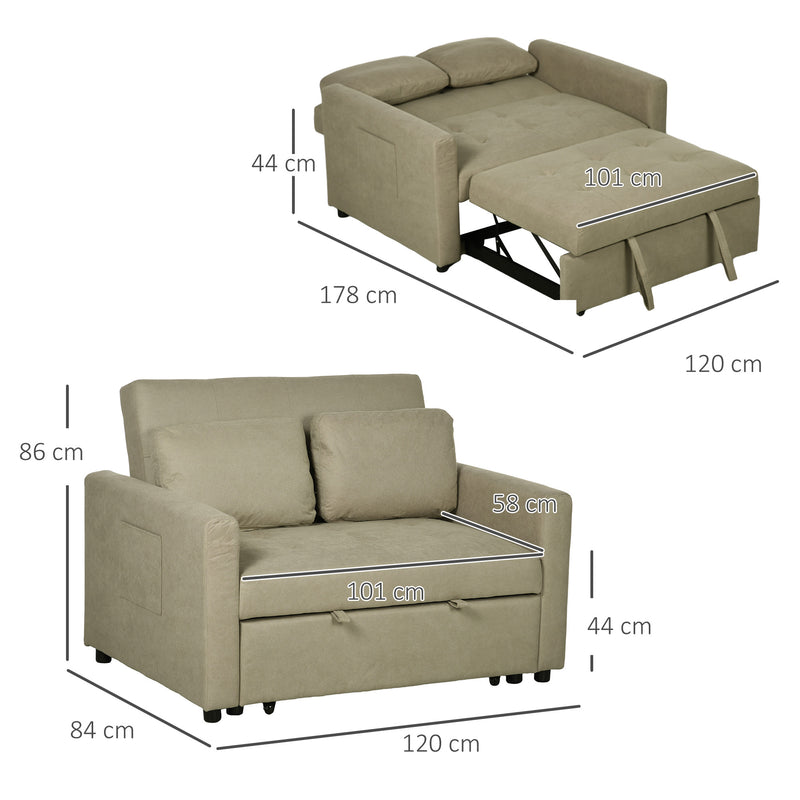 2 Seater Convertible Sofa Bed with Cushions and Side Storage for Lounge Use, Light Brown