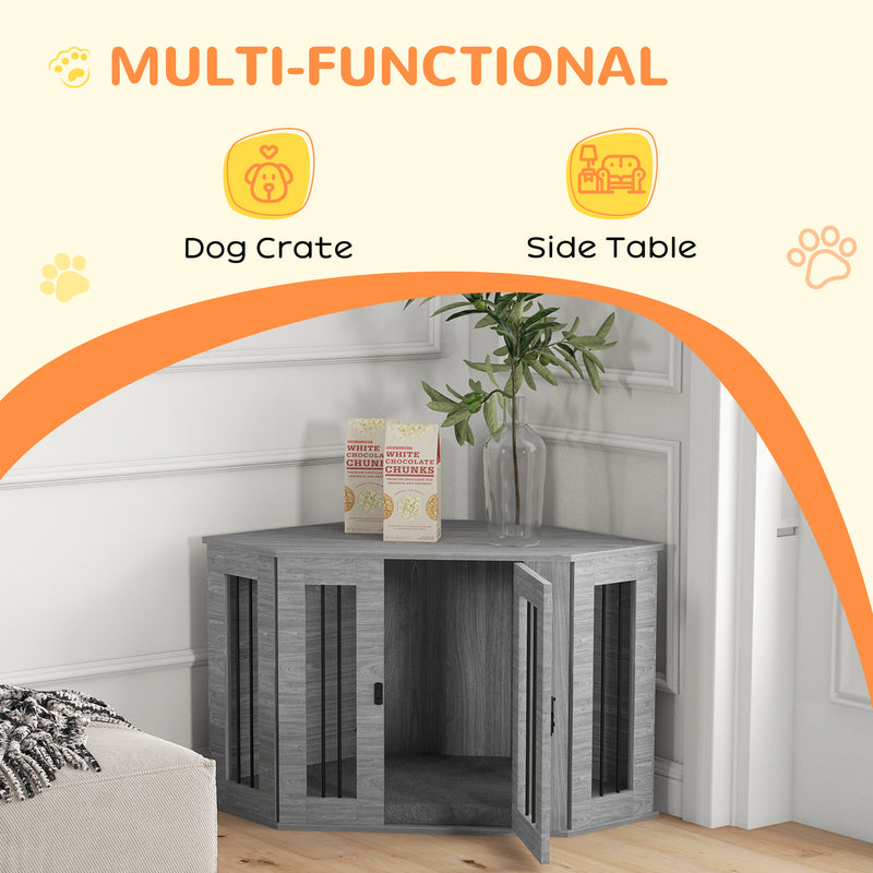 2 in 1 Wooden Dog Crate and Side Table with Soft Cushion for Indoor Use Grey