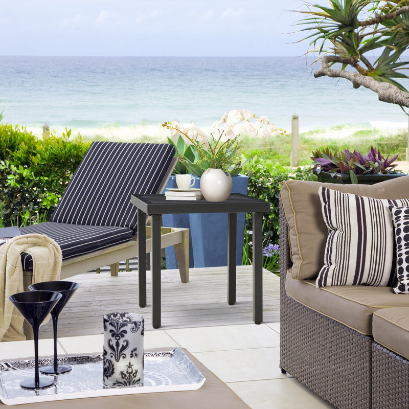 Black Steel Square Garden Side Table With Umbrella Hole For Patio Balcony Or Outdoor Use