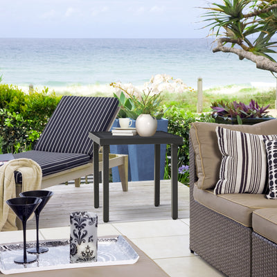 Black Steel Square Garden Side Table With Umbrella Hole For Patio Balcony Or Outdoor Use