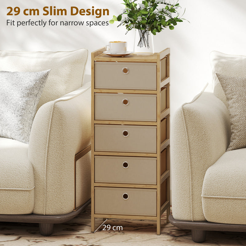 Slim Chest of Drawers for Small Bedrooms with Five Fabric Storage Drawers Natural Finish AOSOM