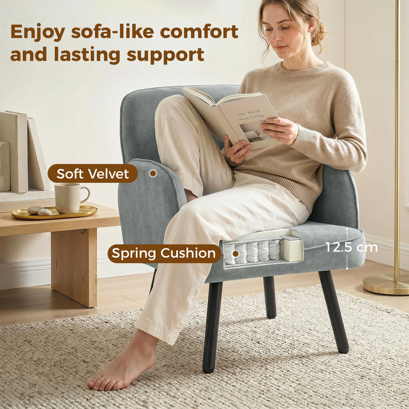 Velvet Armchair for Adults with Thick Cushion and Sturdy Frame for Living Room or Bedroom Grey Homcom