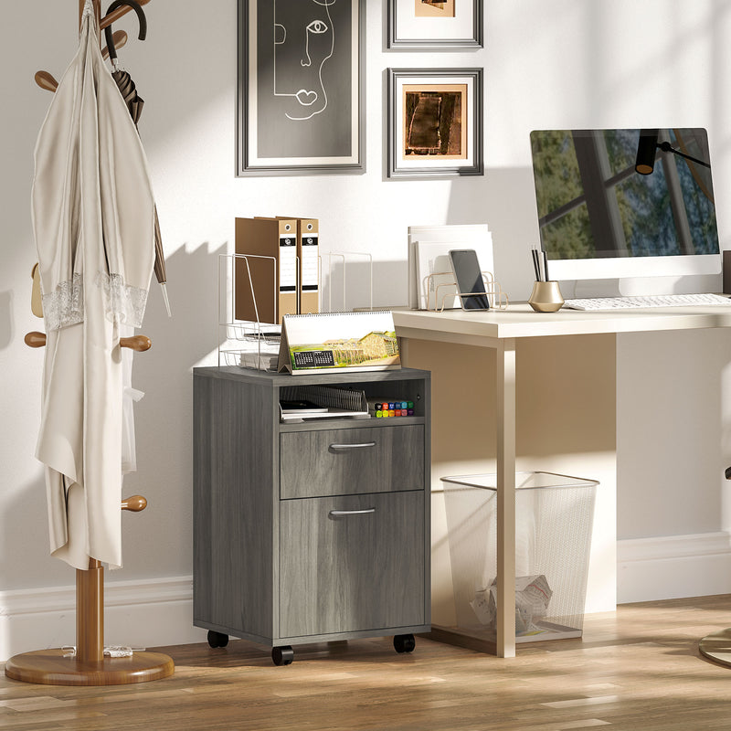 60cm Grey Filing Cabinet with Drawer Open Shelf and Wheels for Home Office by HOMCOM