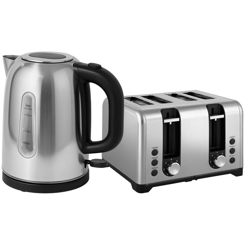 1.7L Rapid Boil Kettle and 4 Slice Toaster Set With Adjustable Browning Control Silver