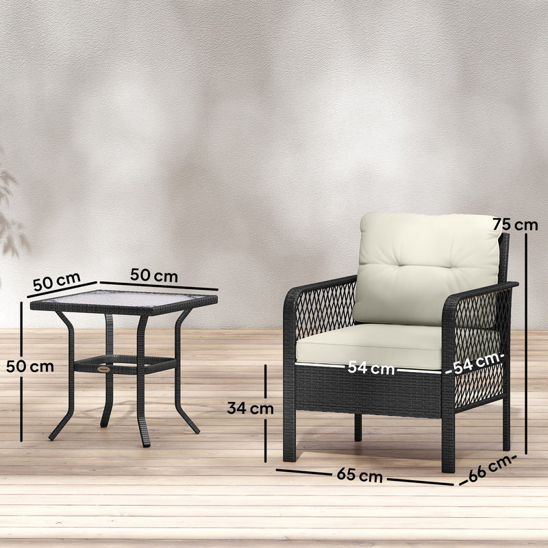 Rattan Garden Bistro Set for Small Outdoor Spaces Glass Table and 2 Chairs with Cushions Cream