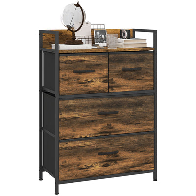 Industrial Chest of 4 Fabric Storage Drawers with Wooden Frame for Bedroom or Hallway Rustic Brown