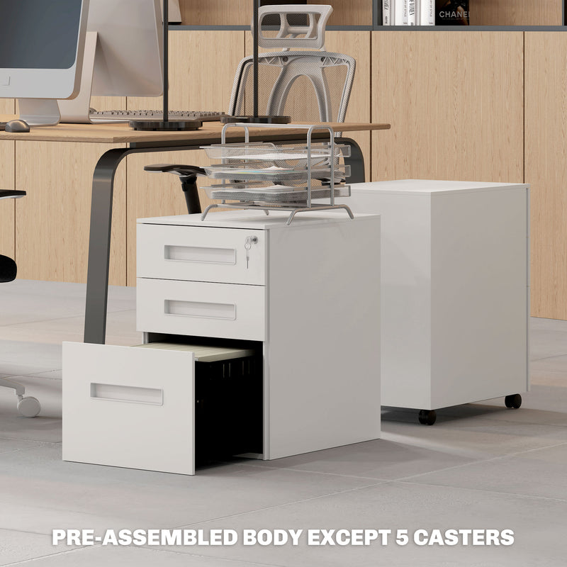 White Metal Mobile Filing Cabinet with Lockable 3 Drawers and Wheels for Home Office by Vinsetto