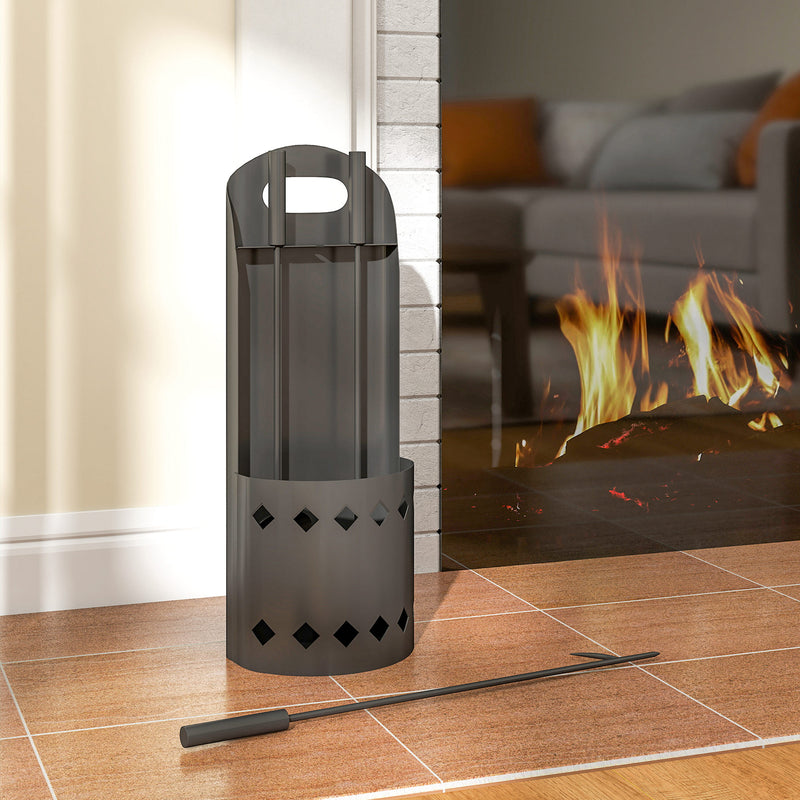 4 Piece Metal Fireplace Tool Set With Ash Bucket Ideal For Fireside Use Black