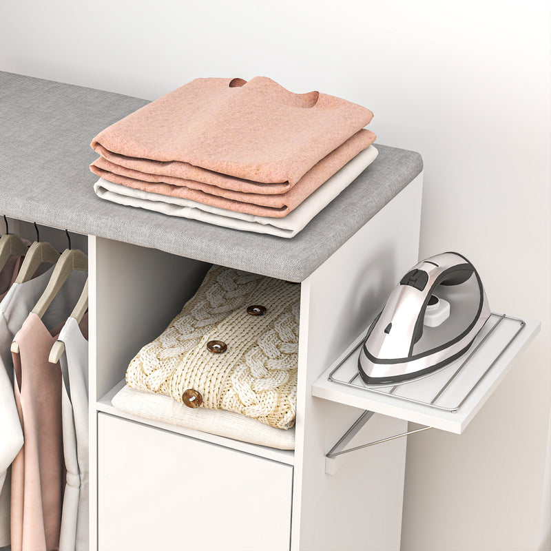 Rolling Ironing Board Cabinet with Storage and Lockable Wheels for Home Use White AOSOM