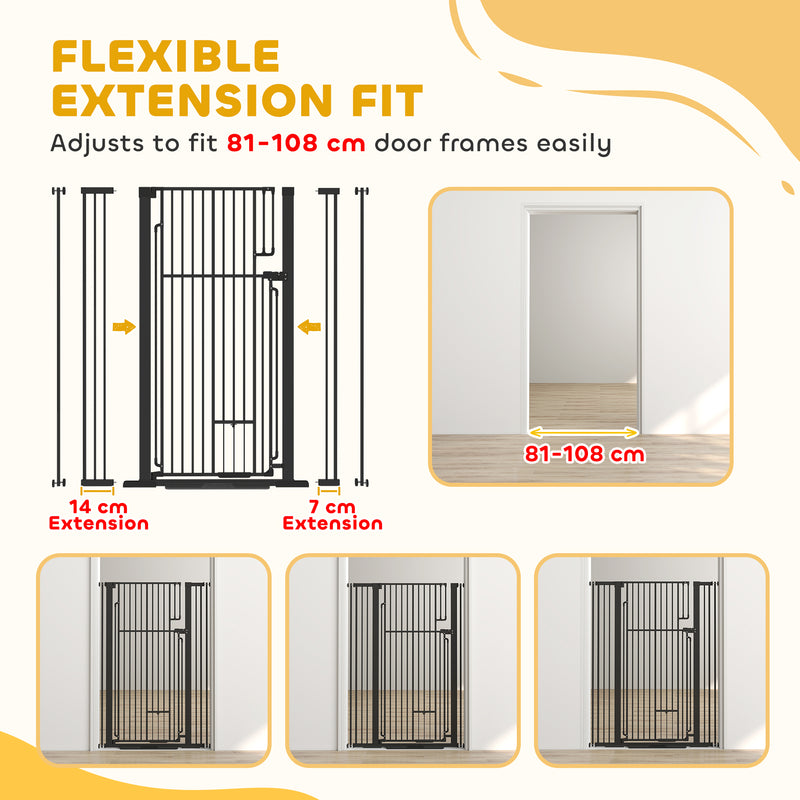 Extra Tall Dog Gate With Cat Door For Wide Doorways And Stairs Pressure Mounted Black