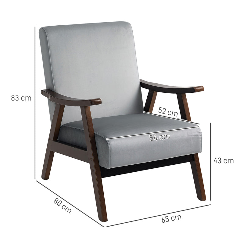 Grey Upholstered Velvet Armchair With Solid Wood Frame and Padded Seat by HOMCOM