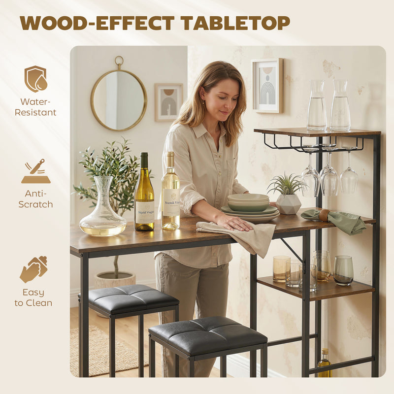 Breakfast Bar Table and Stools Set with Shelving and Glass Racks for Small Kitchens Rustic Brown AOSOM