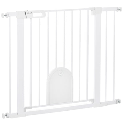 Pet Safety Gate with Cat Flap Auto Close Double Locking for Stairs and Doorways White
