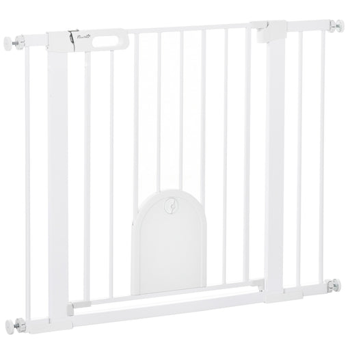 Pet Safety Gate with Cat Flap Auto Close Double Locking for Stairs and Doorways White