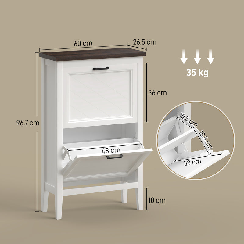 Slim Shoe Storage Cabinet for Hallway Organisation with Flip Drawers and Adjustable Shelves White Homcom