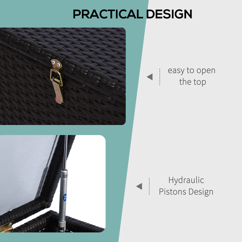 Dark Brown Rattan Garden Storage Box 284L With Gas Lift Lid For Tools And Accessories