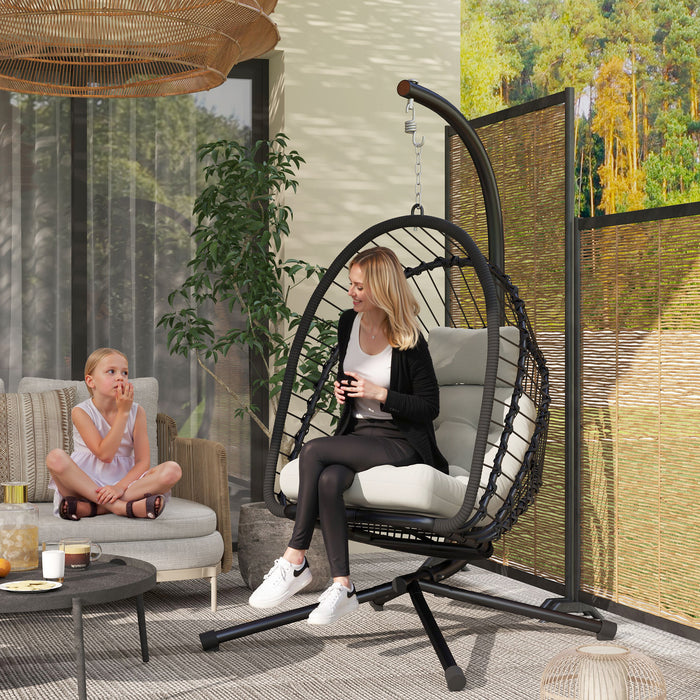 Black Rattan Hanging Egg Chair with Cushion and Metal Stand for Garden or Indoor Use by Outsunny