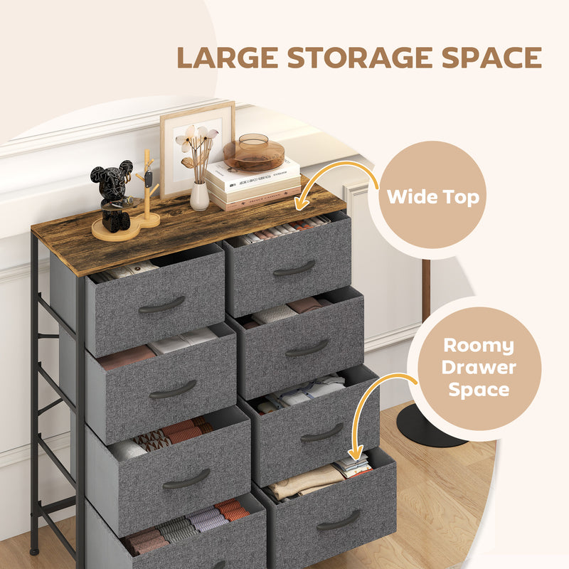 Industrial Chest of Drawers with 8 Fabric Storage Units and Wooden Top for Bedroom Rustic Brown and Grey