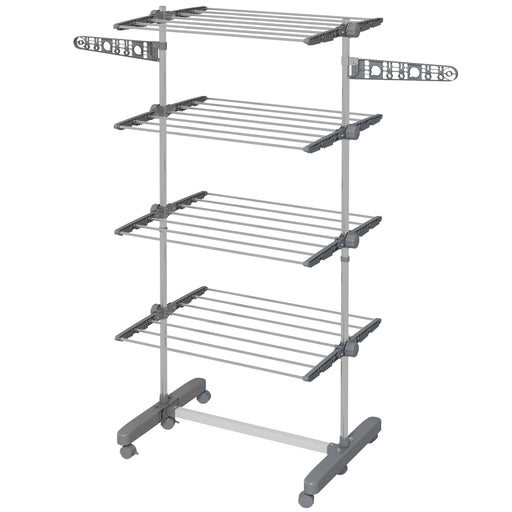 Foldable Clothes Drying Rack with Side Arms and Wheels for Indoor Use, Grey