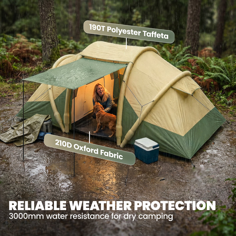Inflatable Family Tent with Two Bedrooms and Quick 5 Minute Setup for Camping Green Brown