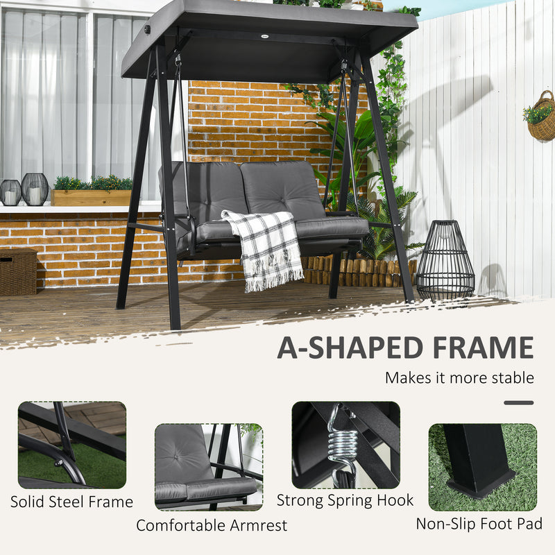 Dark Grey 2 Seater Garden Swing Bench With Adjustable Canopy For Shaded Relaxation