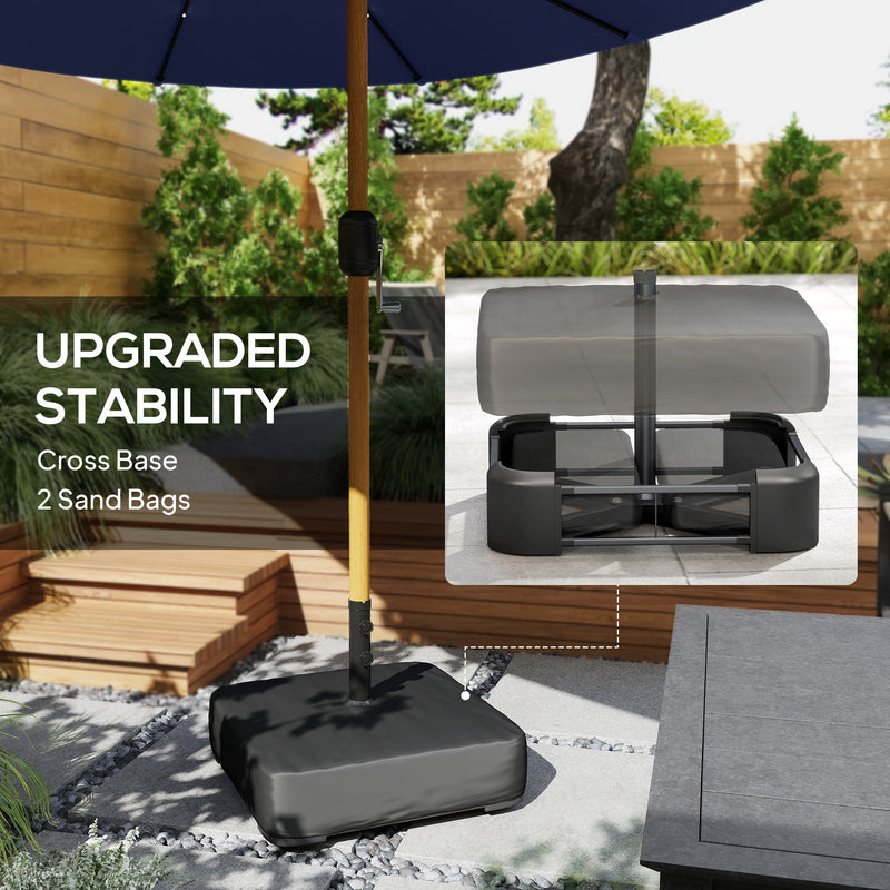 Double Garden Parasol with Extra-Large Canopy and Lights for Shaded Outdoor Dining. Navy Blue