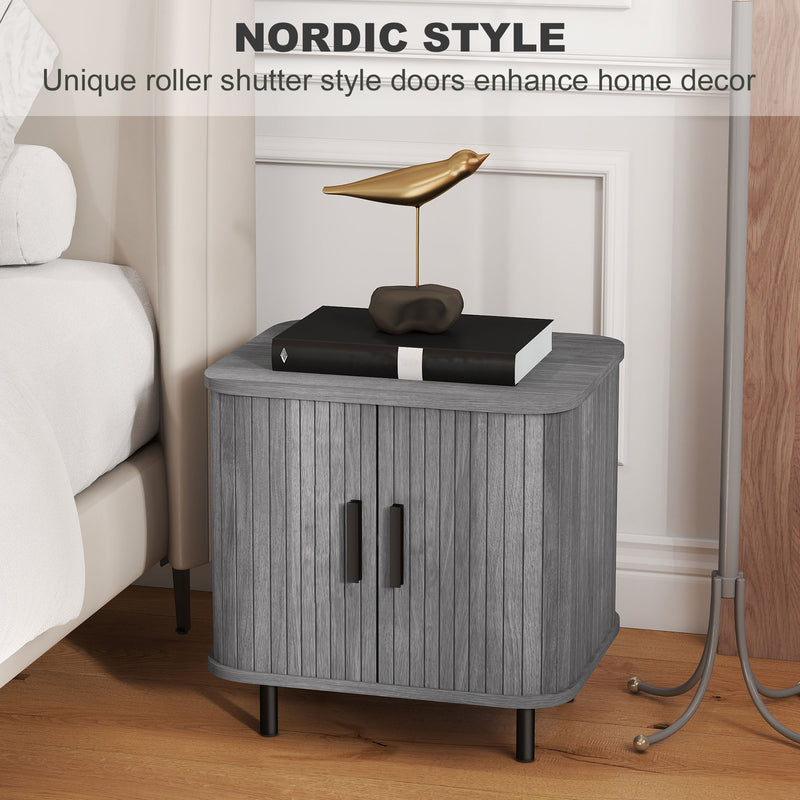 Nordic Bedside Table with Sliding Roller Doors and Metal Legs for Bedroom Grey
