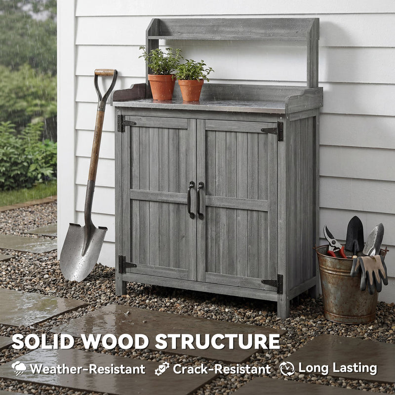 Grey Wooden Garden Potting Bench with Metal Worktop and Storage Cupboard for Outdoor Organisation