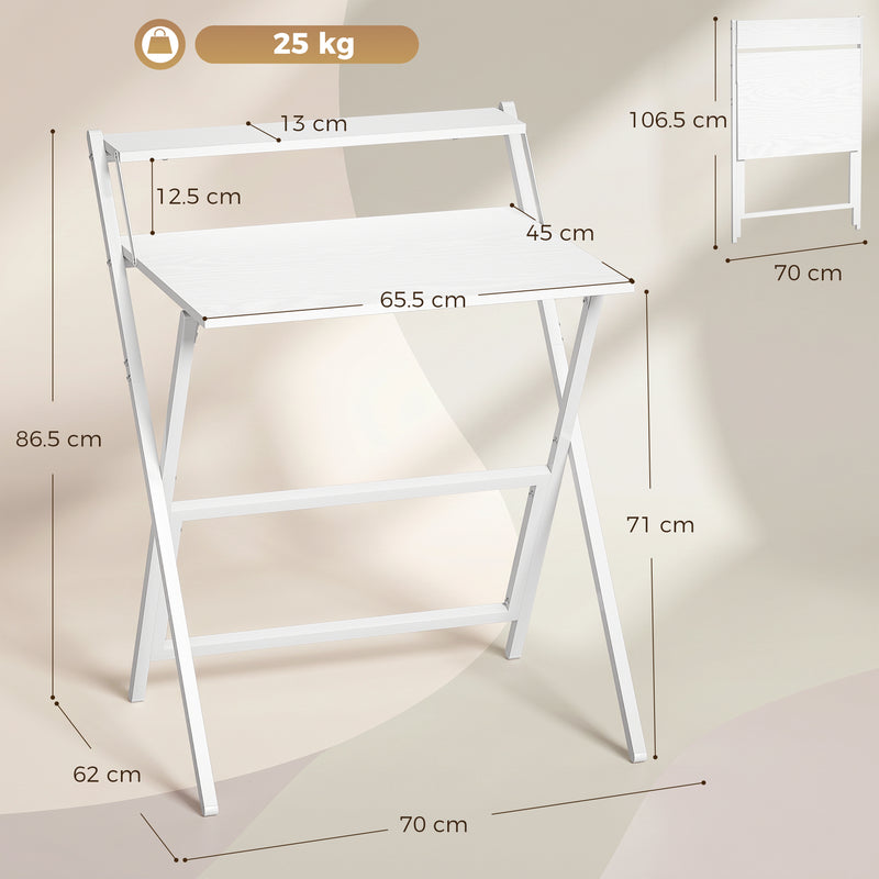 Folding Desk for Small Spaces with Monitor Shelf and Sturdy Steel Frame White