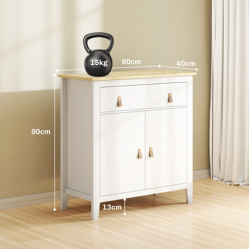 White Farmhouse Style Sideboard with Storage Shelves and Drawers