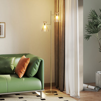 Modern Floor Lamp with Adjustable Dual Heads and Floral Glass Shades for Living Room Gold