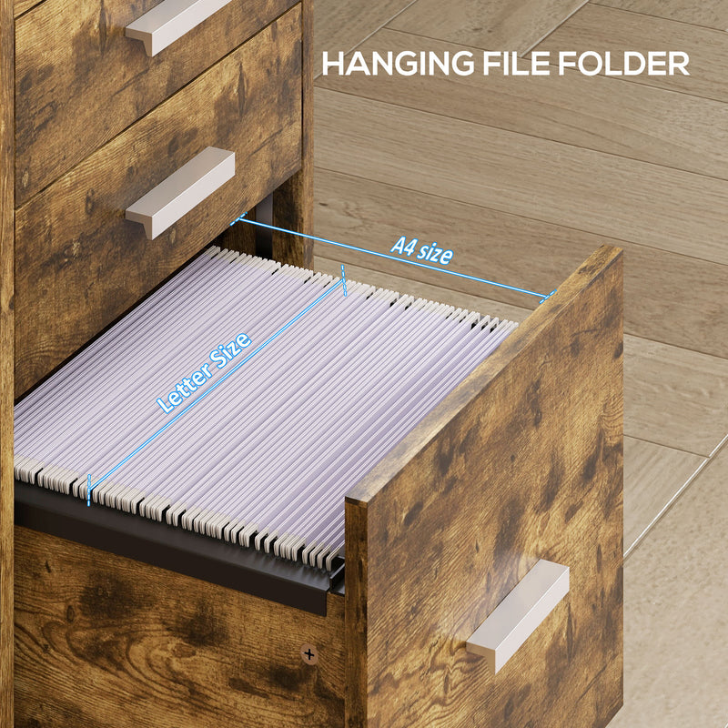 3 Drawer Mobile Filing Cabinet With Hanging File Storage And Edged Top Rustic Brown AOSOM