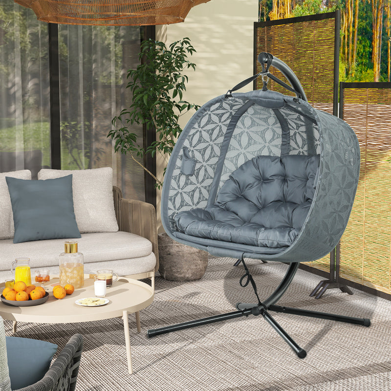 Double Hanging Egg Chair with Stand Comfy Cushion and Cup Holders Charcoal Grey by Outsunny