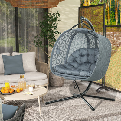 Double Hanging Egg Chair with Stand Comfy Cushion and Cup Holders Charcoal Grey by Outsunny