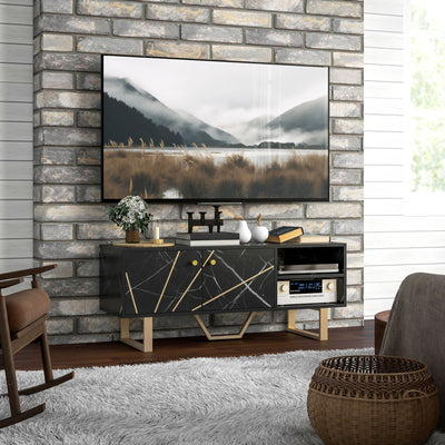 TV Stand Unit for TVs up to 50 Inches with Storage Shelves and Cupboard Black Marble Tone